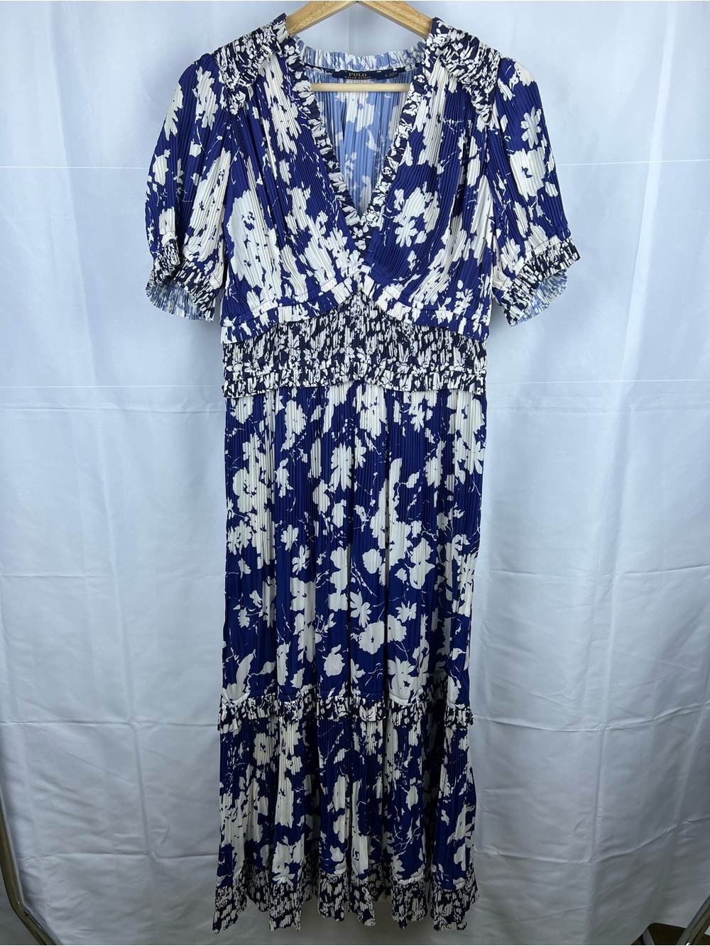 Polo Ralph Lauren Satin Pleated Floral Blue Midi Dress Size 6